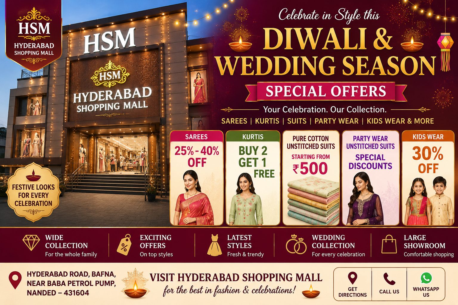Diwali and Wedding Season special offers at Hyderabad Shopping Mall — Sarees 25-40% off, Kurtis buy 2 get 1 free, Kids Wear 30% off